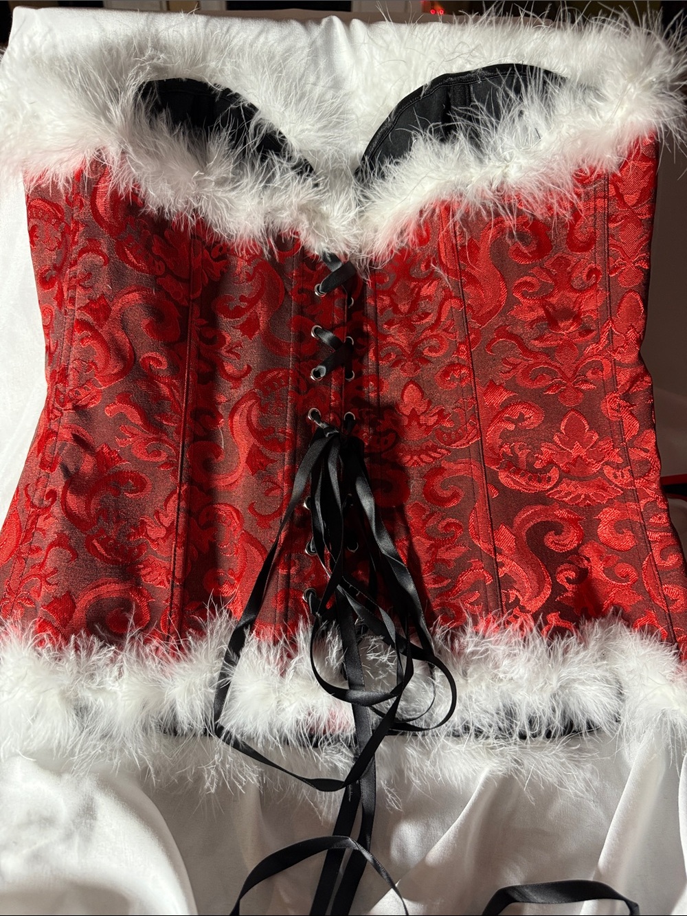 Red Brocade Holiday Corset with White Feather Trim
